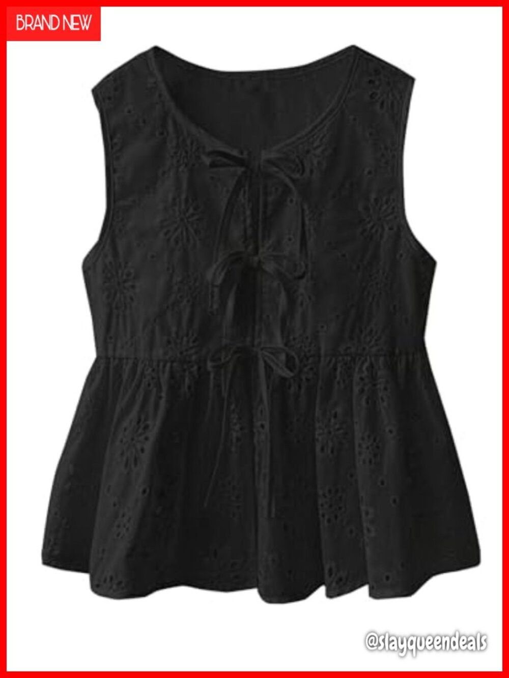 Women Bow Tie Front Tank Top Eyelet Embroidery Sleeveless Babydoll Peplum Tank